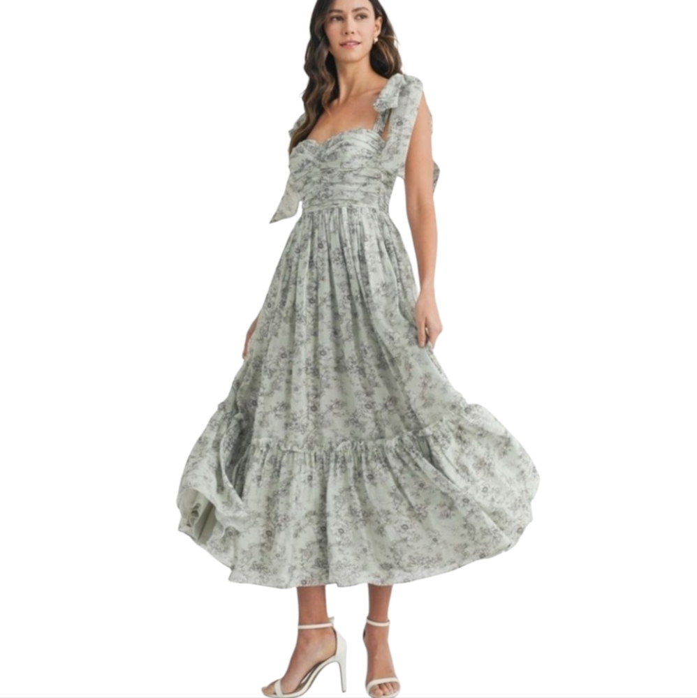 MABLE Floral Bust Ruched Midi Dress with Shoulder Tie Light Sage Green